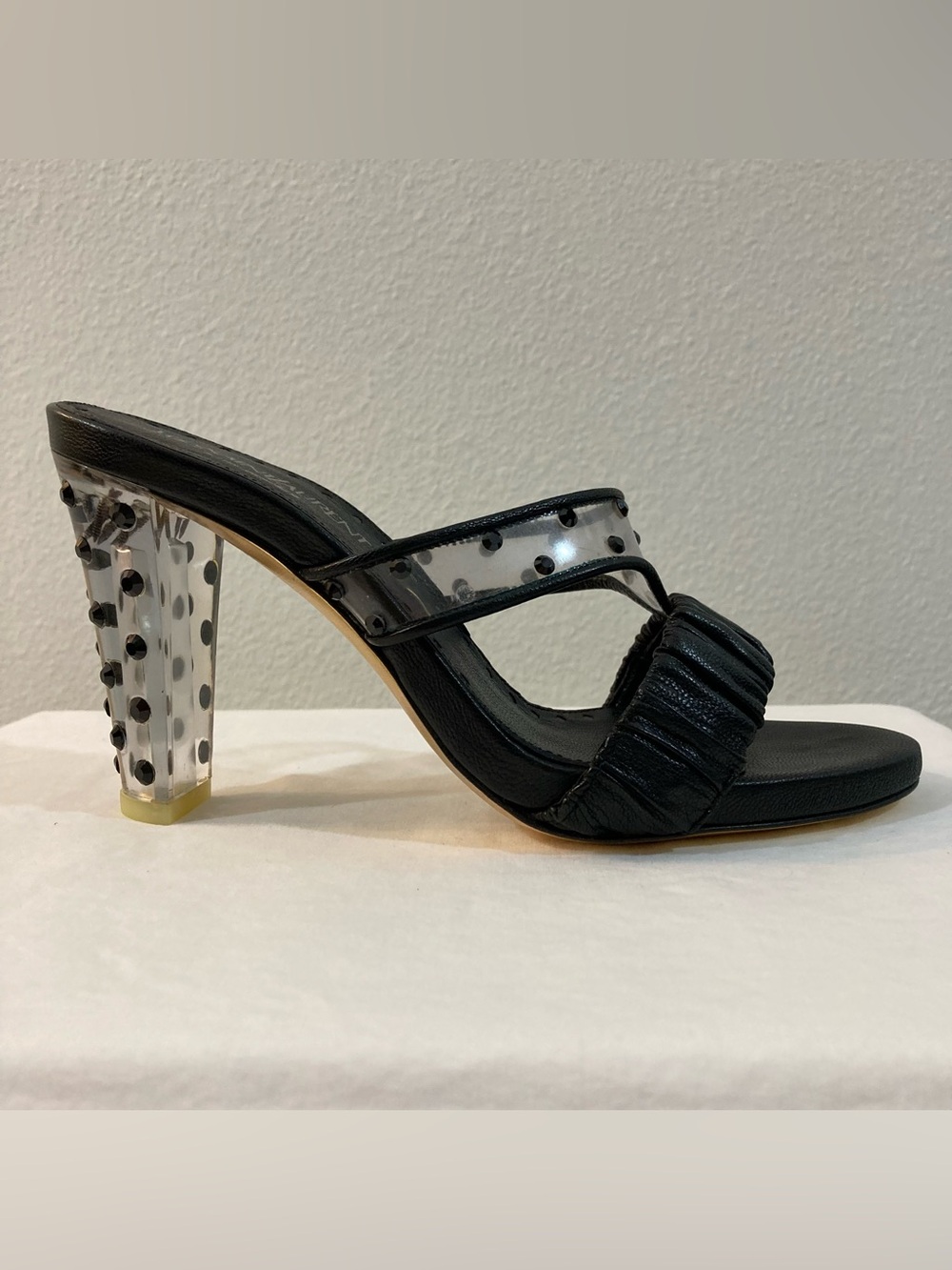 Yves Saint Laurent Black Leather Clear Heel Sandals Black Crystal Women Size 36